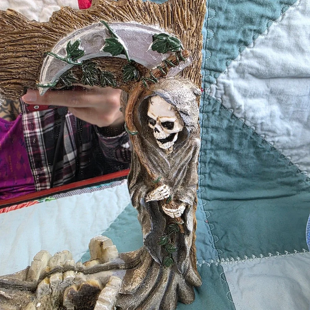 Grim Reaper Skeleton Scythe Gothic Ritual Mirror Candle Holder E.U. Home Decor